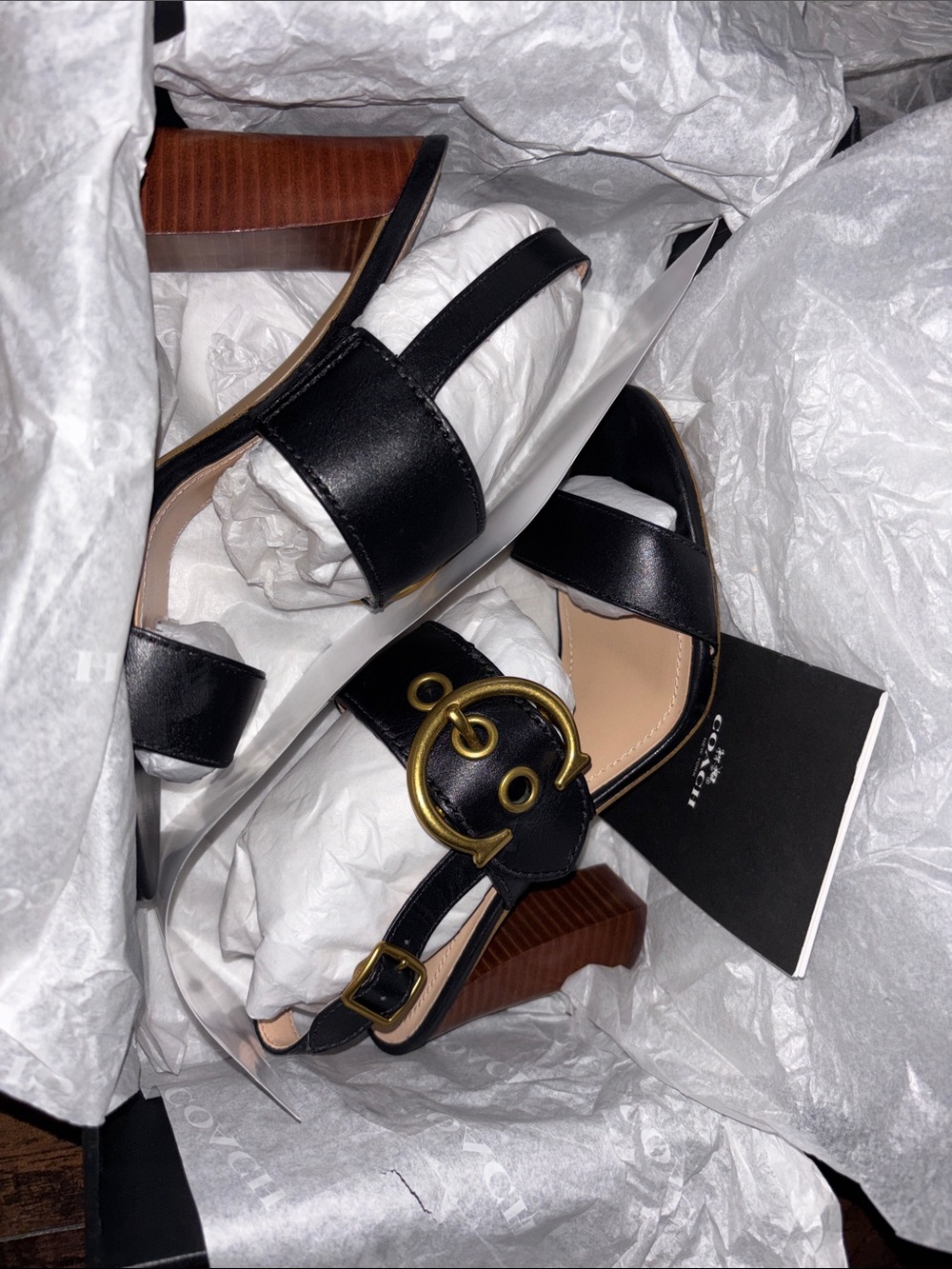 Coach Black Leather Slingback Sandals with Gold Buckle Accents - Picture 8 of 8